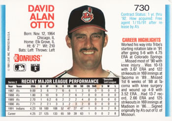 1992 Donruss #730 Dave Otto Back