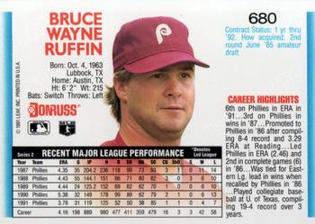 1992 Donruss #680 Bruce Ruffin Back