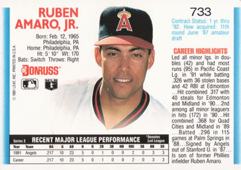 1992 Donruss #733 Ruben Amaro Back