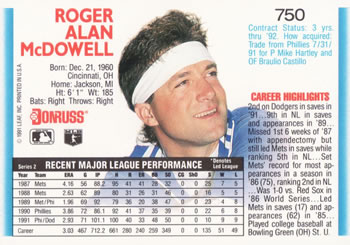 1992 Donruss #750 Roger McDowell Back