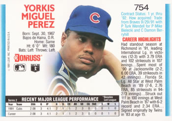 1992 Donruss #754 Yorkis Perez Back