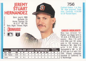 1992 Donruss #756 Jeremy Hernandez Back