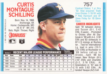 1992 Donruss #757 Curt Schilling Back