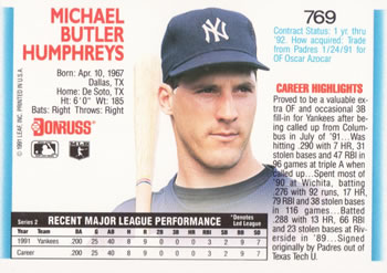 1992 Donruss #769 Mike Humphreys Back