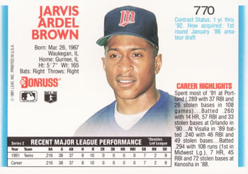 1992 Donruss #770 Jarvis Brown Back