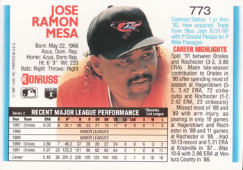 1992 Donruss #773 Jose Mesa Back