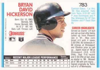 1992 Donruss #783 Bryan Hickerson Back