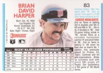 1992 Donruss #83 Brian Harper Back