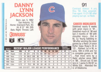 1992 Donruss #91 Danny Jackson Back