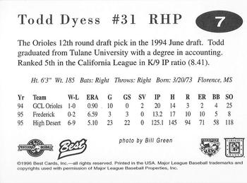 1996 Best Frederick Keys #7 Todd Dyess Back