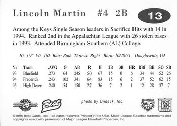 1996 Best Frederick Keys #13 Lincoln Martin Back