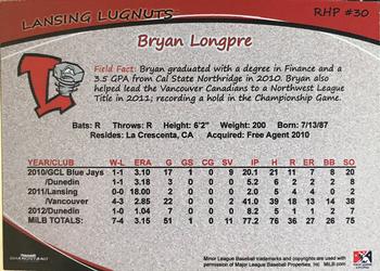 2012 Grandstand Lansing Lugnuts #NNO Bryan Longpre Back