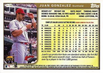 1999 Topps Action Flats Cards #S1-10 Juan Gonzalez Back