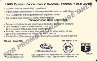 1995 Classic MLB $10 Phone Cards - Promos #NNO Will Clark Back