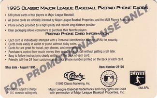 1995 Classic MLB $10 Phone Cards - Promos #NNO Cal Ripken Jr. Back