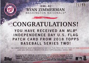 2018 Topps - MLB Independence Day U.S. Flag Manufactured Patch Relics Gold #IDML-RZ Ryan Zimmerman Back