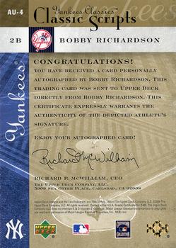 2004 Upper Deck Yankees Classics - Classic Scripts #AU-4 Bobby Richardson Back