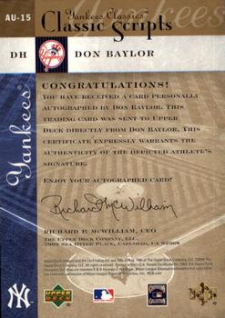 2004 Upper Deck Yankees Classics - Classic Scripts #AU-15 Don Baylor Back
