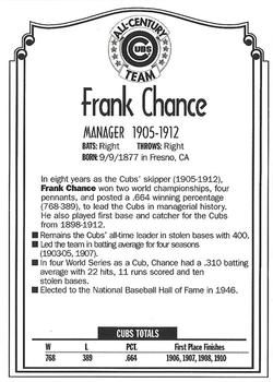 1999 Old Style Chicago Cubs All-Century Team #NNO Frank Chance Back