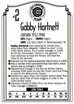 1999 Old Style Chicago Cubs All-Century Team #NNO Gabby Hartnett Back