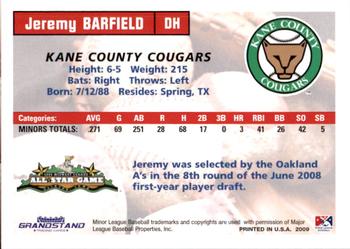 2009 Grandstand Midwest League Western Division All-Stars #NNO Jeremy Barfield Back