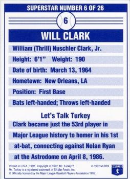 1992 Mr. Turkey Superstars #6 Will Clark Back