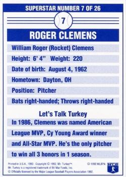1992 Mr. Turkey Superstars #7 Roger Clemens Back