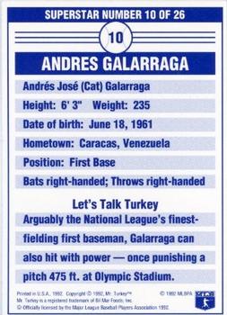 1992 Mr. Turkey Superstars #10 Andres Galarraga Back