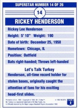 1992 Mr. Turkey Superstars #14 Rickey Henderson Back