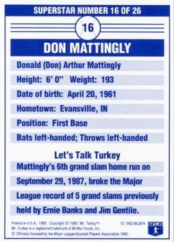 1992 Mr. Turkey Superstars #16 Don Mattingly Back