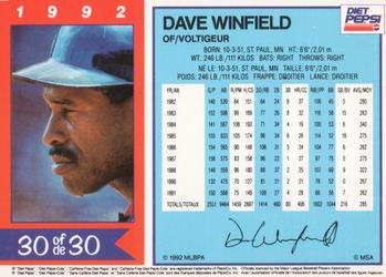 1992 Diet Pepsi #30 Dave Winfield Back