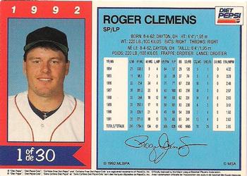 1992 Diet Pepsi #1 Roger Clemens Back