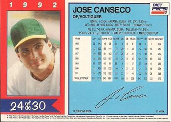 1992 Diet Pepsi #24 Jose Canseco Back