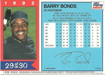 1992 Diet Pepsi #29 Barry Bonds Back