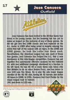 1992 Upper Deck All-Star FanFest #17 Jose Canseco Back