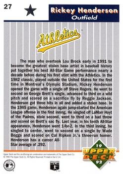 1992 Upper Deck All-Star FanFest #27 Rickey Henderson Back