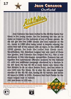 1992 Upper Deck All-Star FanFest - Gold #17 Jose Canseco Back