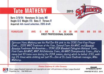 2015 Grandstand Lowell Spinners #NNO Tate Matheny Back