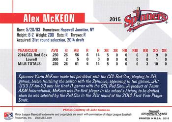 2015 Grandstand Lowell Spinners #NNO Alex McKeon Back