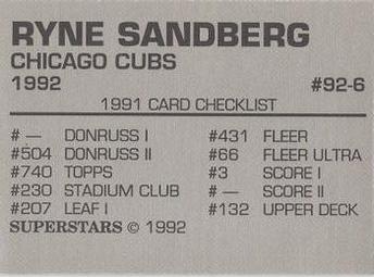 1992 Superstars Magazine (unlicensed) #92-6 Ryne Sandberg Back