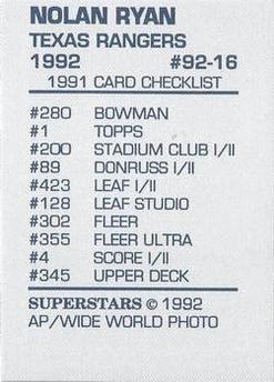 1992 Superstars Magazine (unlicensed) #92-16 Nolan Ryan Back