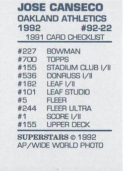 1992 Superstars Magazine (unlicensed) #92-22 Jose Canseco Back