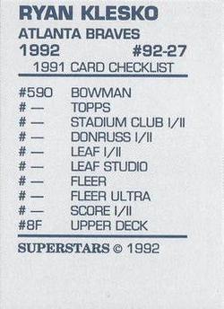 1992 Superstars Magazine (unlicensed) #92-27 Ryan Klesko Back