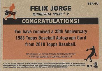 2018 Topps - 1983 Topps Baseball 35th Anniversary Autographs (Series Two) #83A-FJ Felix Jorge Back