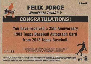 2018 Topps - 1983 Topps Baseball 35th Anniversary Autographs Black (Series Two) #83A-FJ Felix Jorge Back