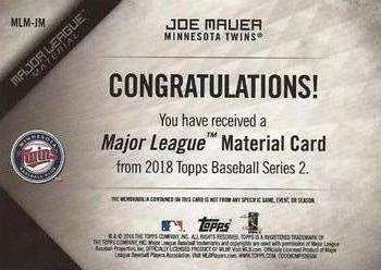 2018 Topps - Major League Material Relics (Series 2) #MLM-JM Joe Mauer Back