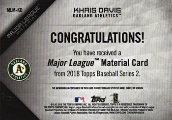 2018 Topps - Major League Material Relics (Series 2) #MLM-KD Khris Davis Back