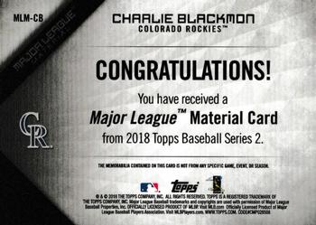 2018 Topps - Major League Material Relics Red (Series 2) #MLM-CB Charlie Blackmon Back