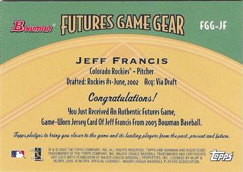 2005 Bowman - Futures Game Gear Jersey Relics #FGG-JF Jeff Francis Back