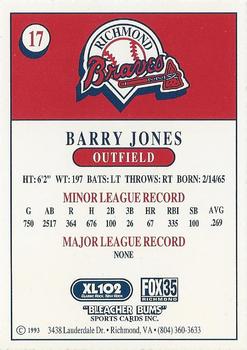 1993 Bleacher Bums Richmond Braves #17 Barry Jones Back